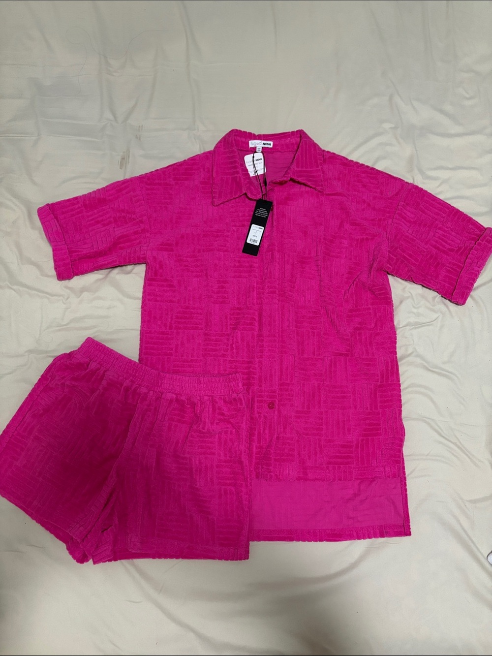 Fashion Nova Hot Pink Terry Cloth Shirt & Shorts Set NWT